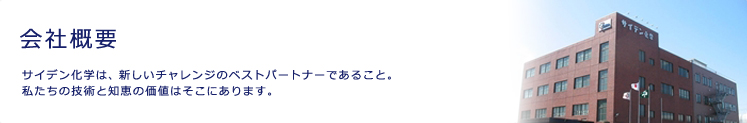 会社概要
サイデン化学は、新しいチャレンジのベストパートナーであること。
私たちの技術と知恵の価値はそこにあります。