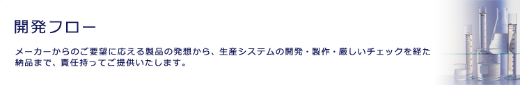 開発フロー
メーカーからのご要望に応える製品の発想から、生産システムの開発・製作、厳しいチェックを経た納品まで、
責任持ってご提供いたします。